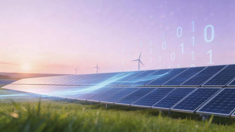 太阳能板阵列与风力发电机共存的清洁能源场图片