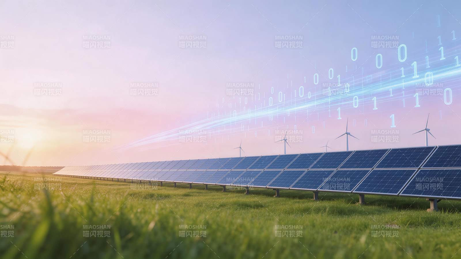 光伏电板与风力发电机并列于田野中图片