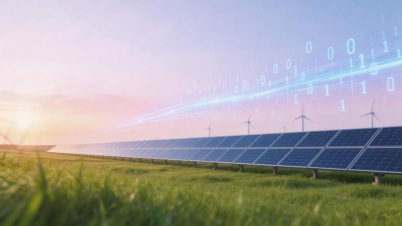 光伏电板与风力发电机并列于田野中图片