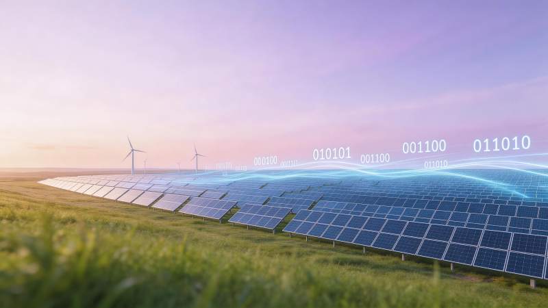 光伏电站与风力发电机并列的清洁能源场景图片