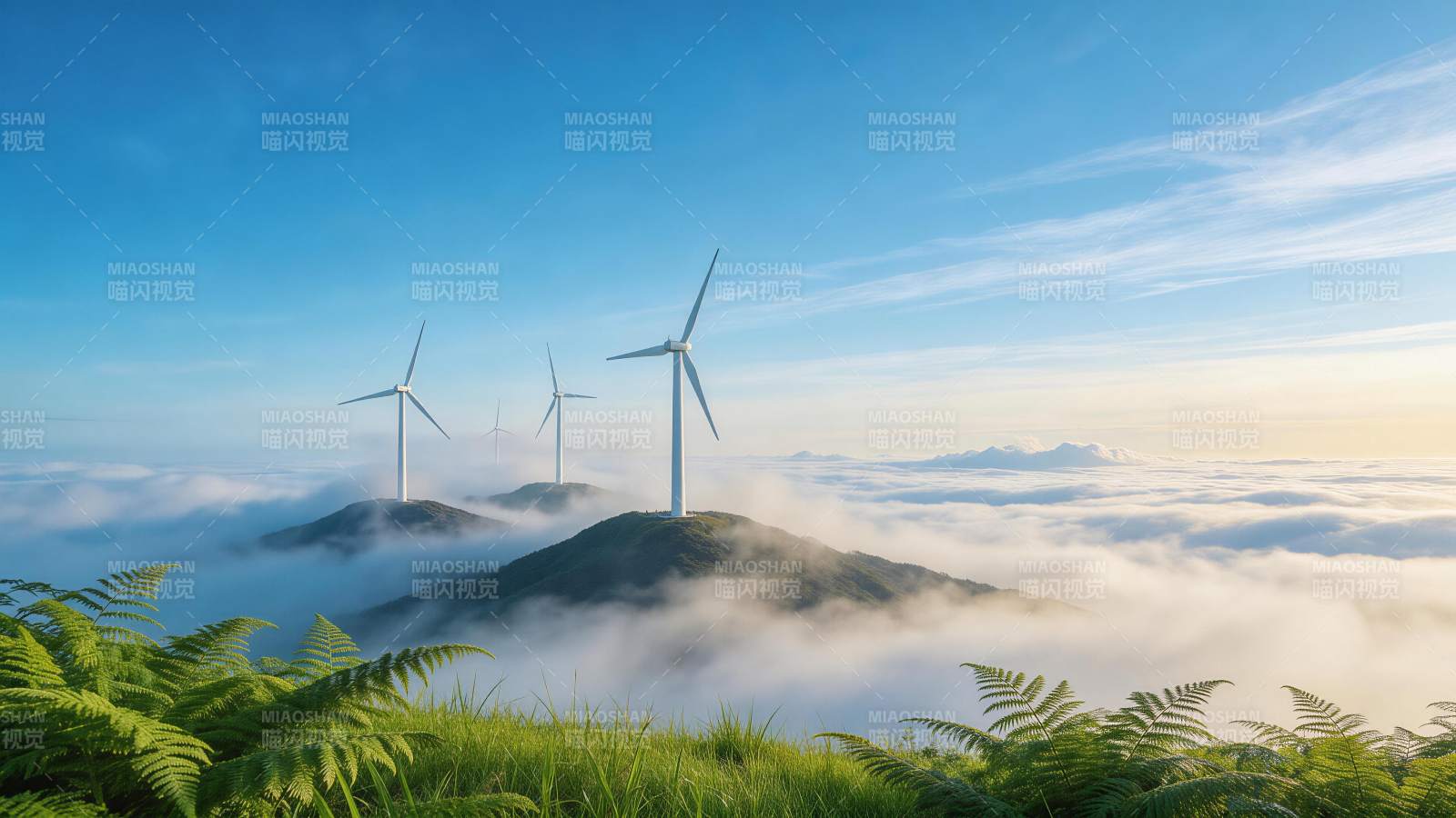 山巅风力发电机矗立云海之上图片