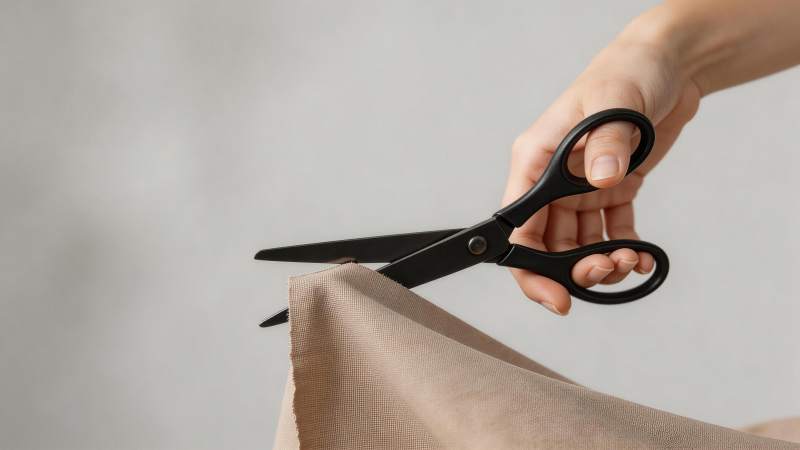 手持黑色剪刀裁剪米色布料的特写画面图片