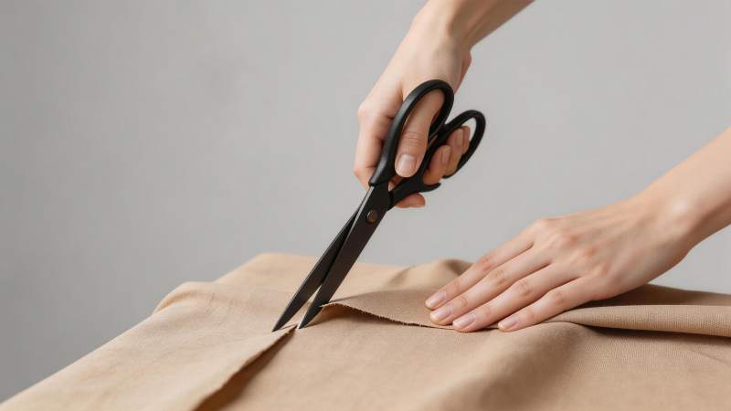 双手持剪刀裁剪米色布料的特写画面图片