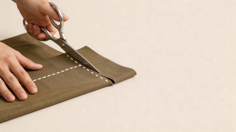 双手持剪刀沿虚线裁剪棕色布料图片