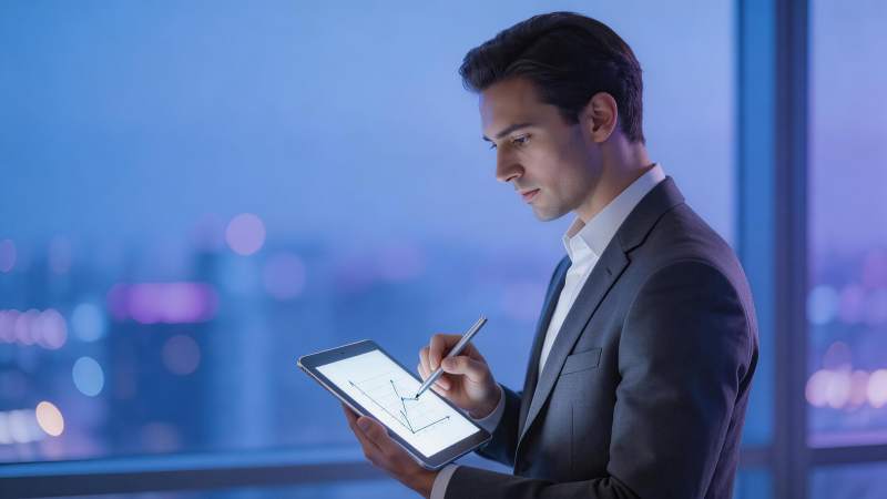 商务男士手持平板分析数据图表图片