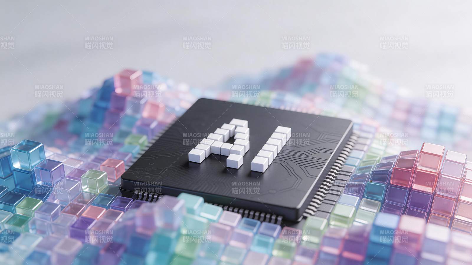 芯片表面立体AI字母与彩色方块背景图片
