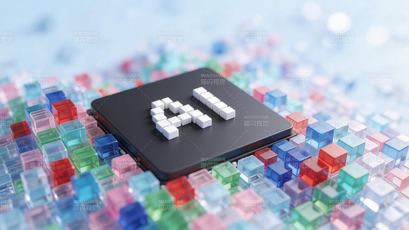 黑色芯片表面堆叠白色立方体构成AI字样图片