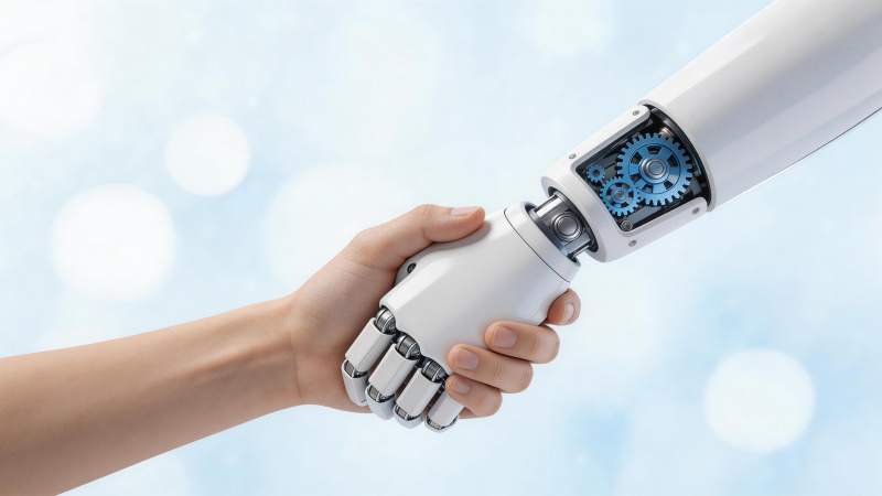 人类手掌与机械手臂握手特写画面图片