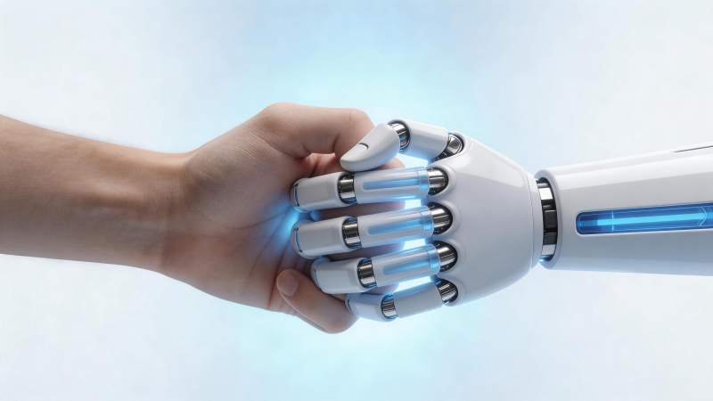 人类手掌与白色机械手紧握互动场景图片