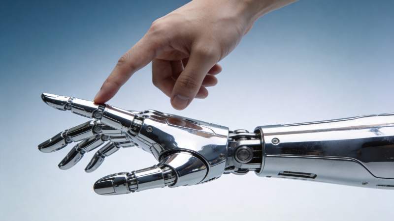 人类手指轻触金属机械手关节部位图片