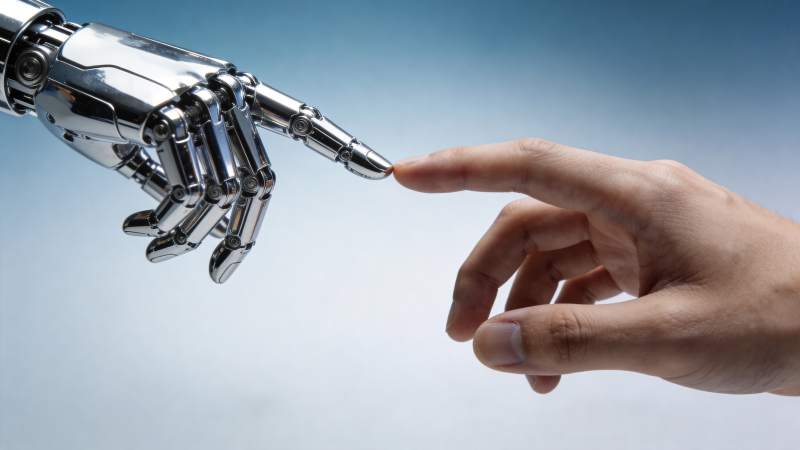 机械手与人类手指即将触碰的瞬间图片