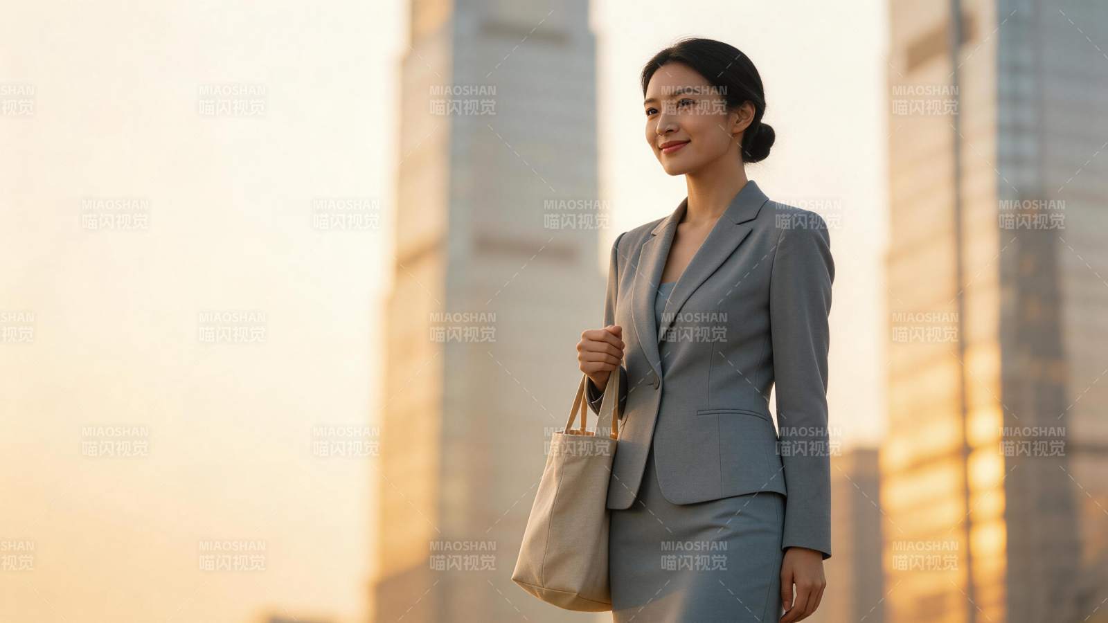 穿灰色西装的女性手提布包站在高楼前图片
