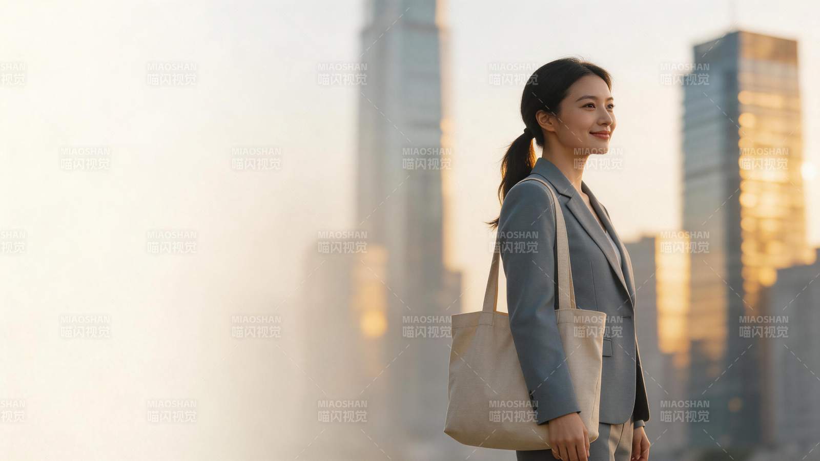 都市女性身着西装手提布包侧身微笑图片