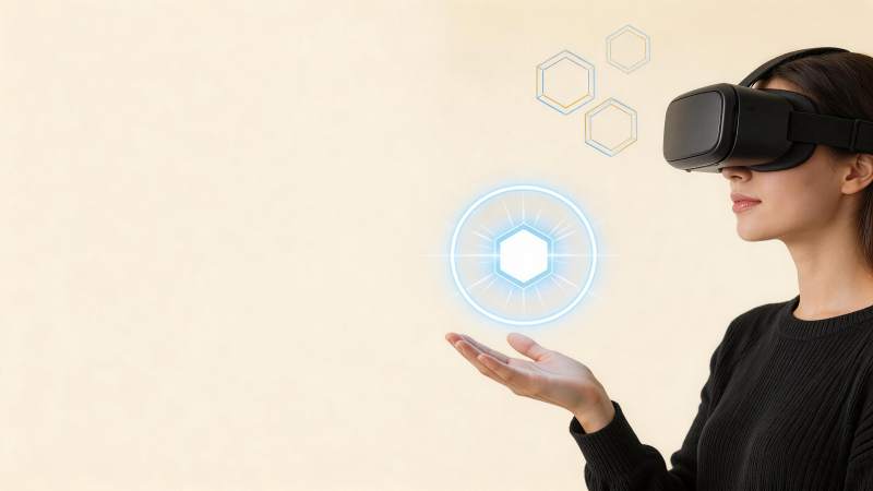 女性佩戴VR设备交互虚拟六边形光效界面图片