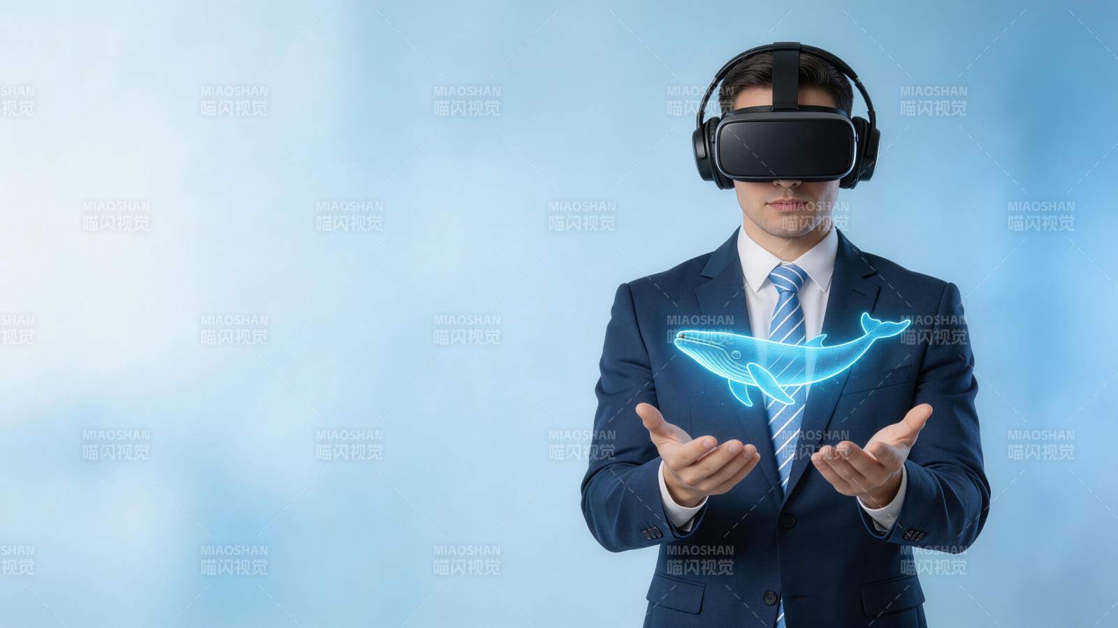 商务人士佩戴VR设备展示全息鲸鱼影像图片