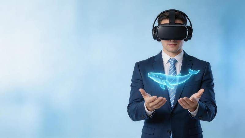 商务人士佩戴VR设备展示全息鲸鱼影像图片