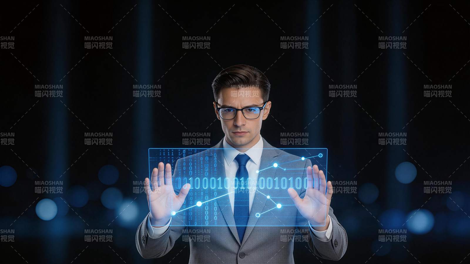 商务人士操作全息数字界面展示数据图表图片