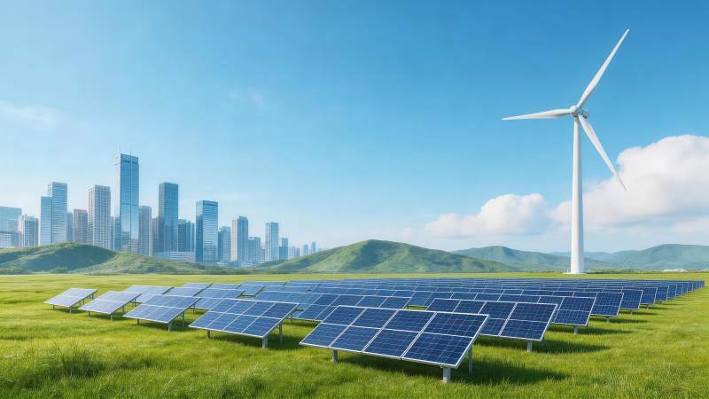 绿色草地上排列整齐的太阳能板与风力发电机图片