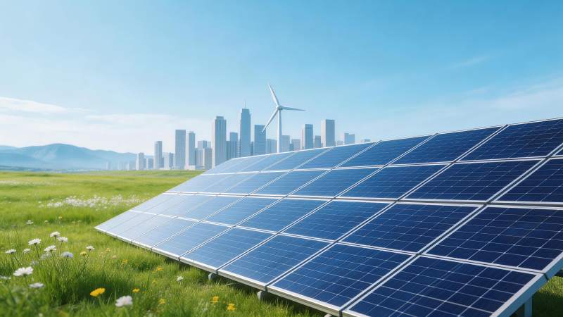 草地上的太阳能板与远处城市风力发电机图片