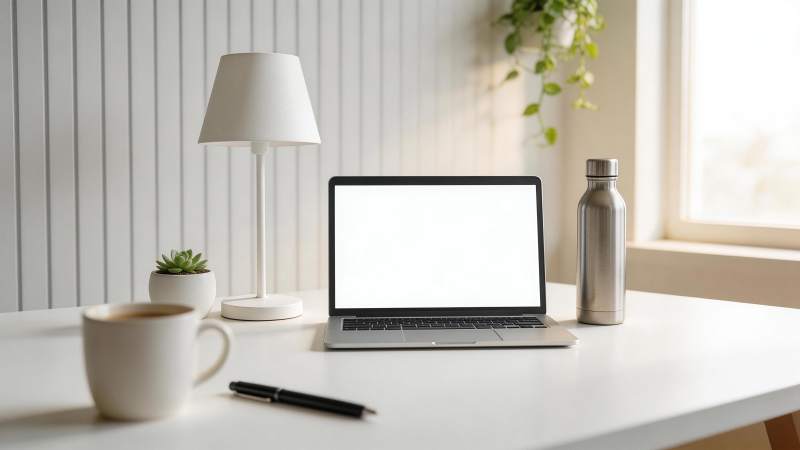 白色书桌上摆放笔记本电脑与日常办公物品图片