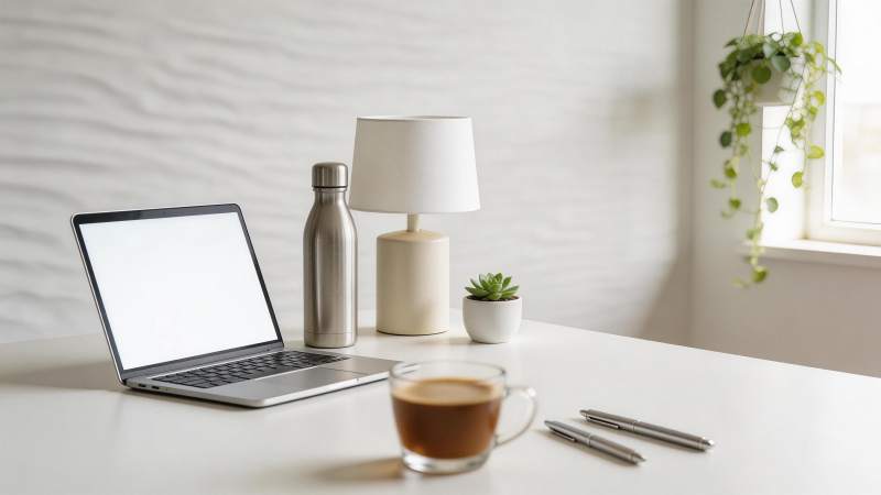 白色桌面上摆放笔记本电脑与咖啡杯等办公用图片
