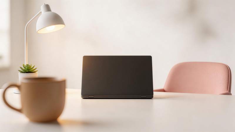 白色桌面上摆放笔记本电脑与台灯绿植咖啡杯图片