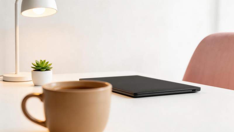 白色桌面上摆放着笔记本电脑与咖啡杯台灯绿图片