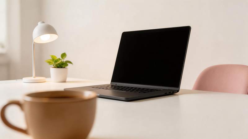 白色桌面上摆放笔记本电脑与台灯绿植咖啡杯图片