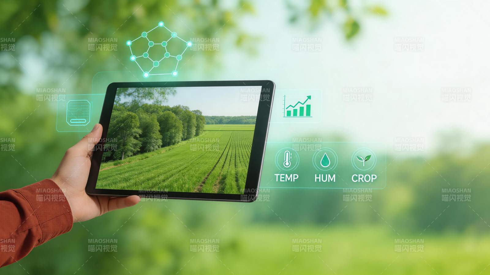 手持平板显示农田画面及农业数据图表图片