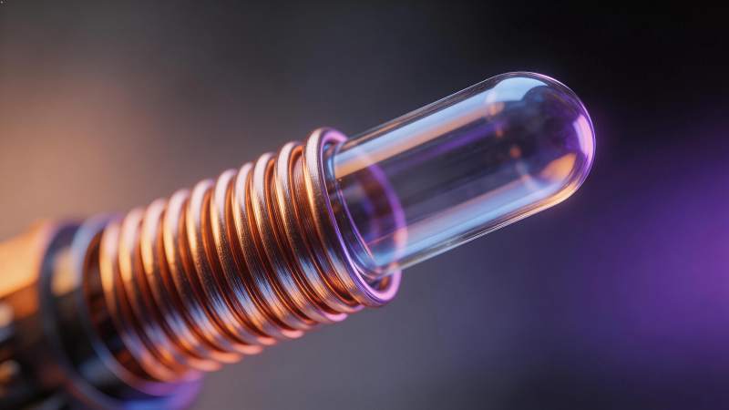 透明玻璃管套在金属螺纹部件上的特写图片