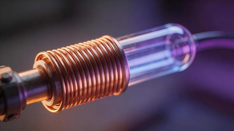 铜线圈缠绕透明玻璃管的精密电子元件特写图片