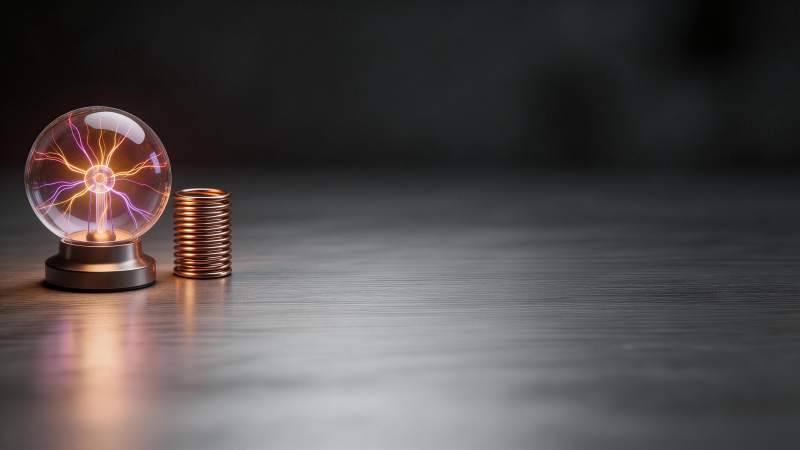 静电球与铜线圈置于深色桌面展示图片