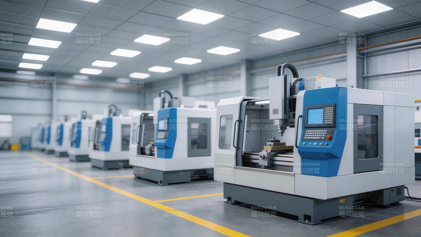 工厂车间内排列整齐的数控加工中心设备图片