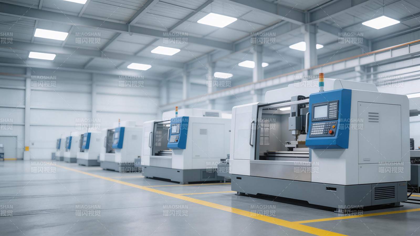 现代化工业车间内多台数控机床整齐排列图片
