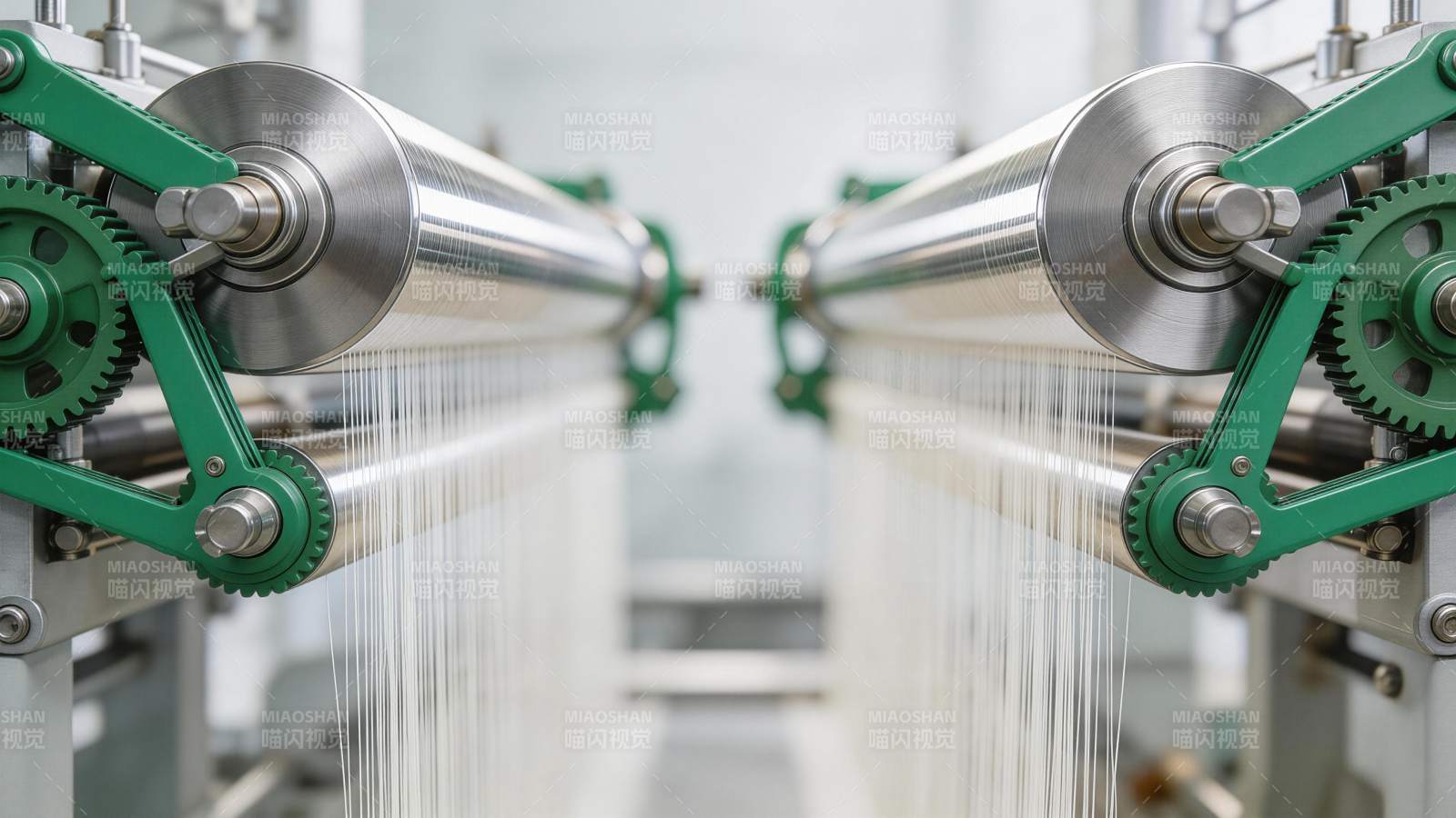 工业纺织机械运转中的金属滚筒与纱线图片