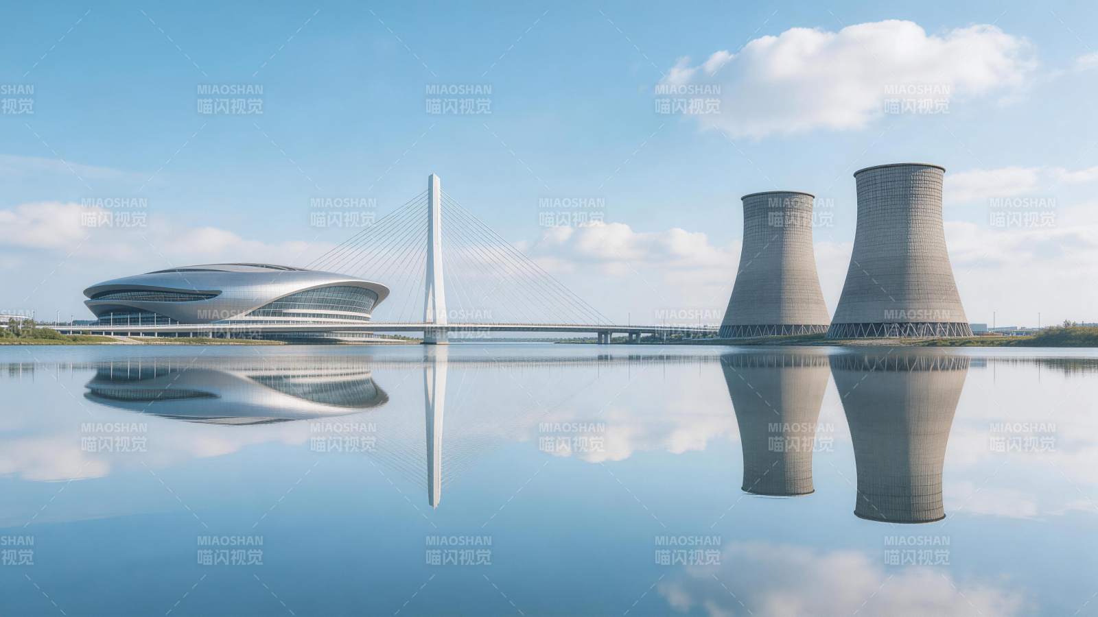 现代建筑与冷却塔倒影在平静水面图片