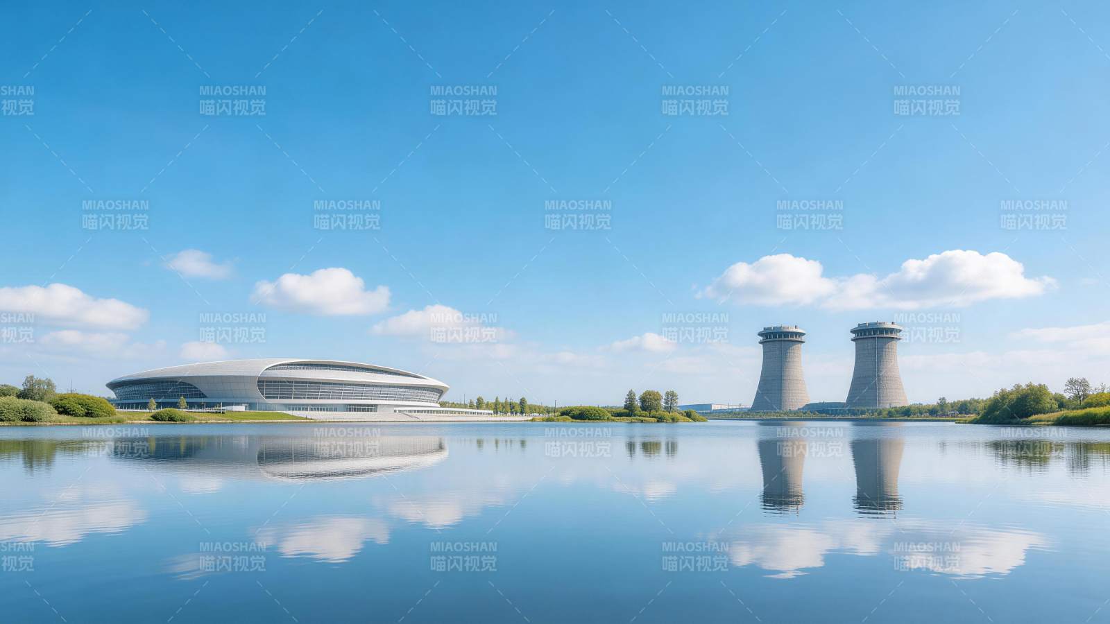 湖面倒影中的现代场馆与冷却塔建筑群图片