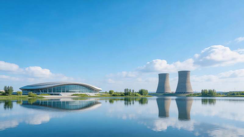 现代建筑与冷却塔倒映在平静湖面图片