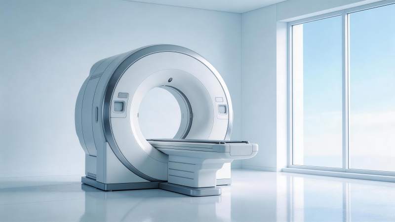 现代医疗影像设备CT扫描仪置于明亮诊室中图片