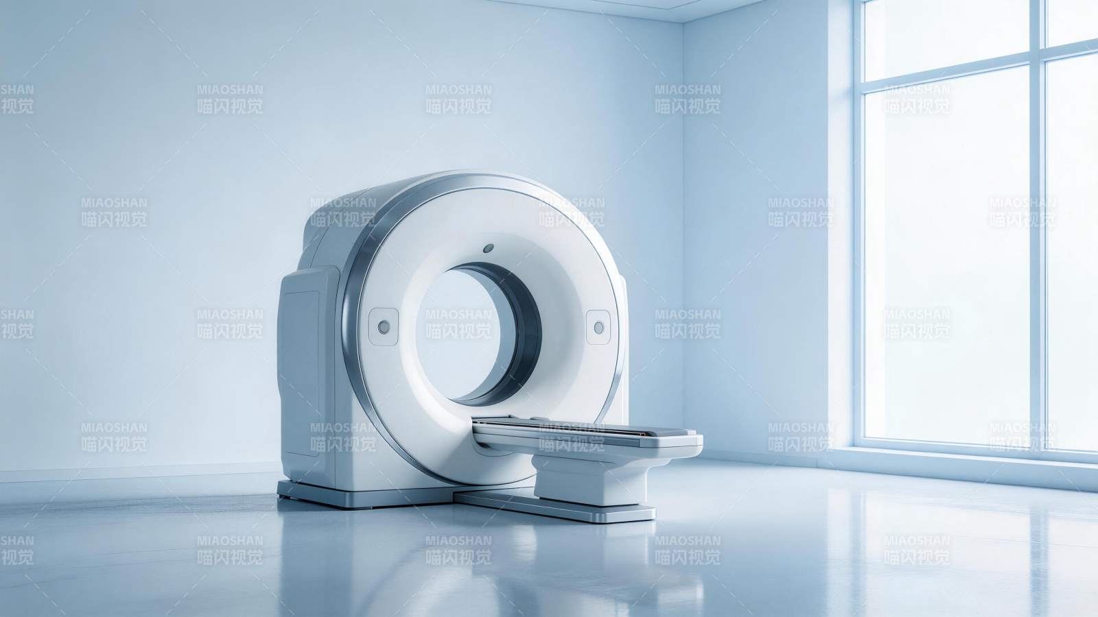 白色CT扫描仪置于明亮洁净的医疗室内图片