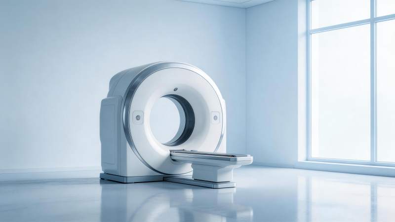 白色CT扫描仪置于明亮洁净的医疗室内图片