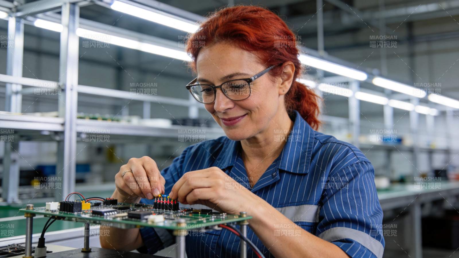 红发女工在车间组装电子电路板图片