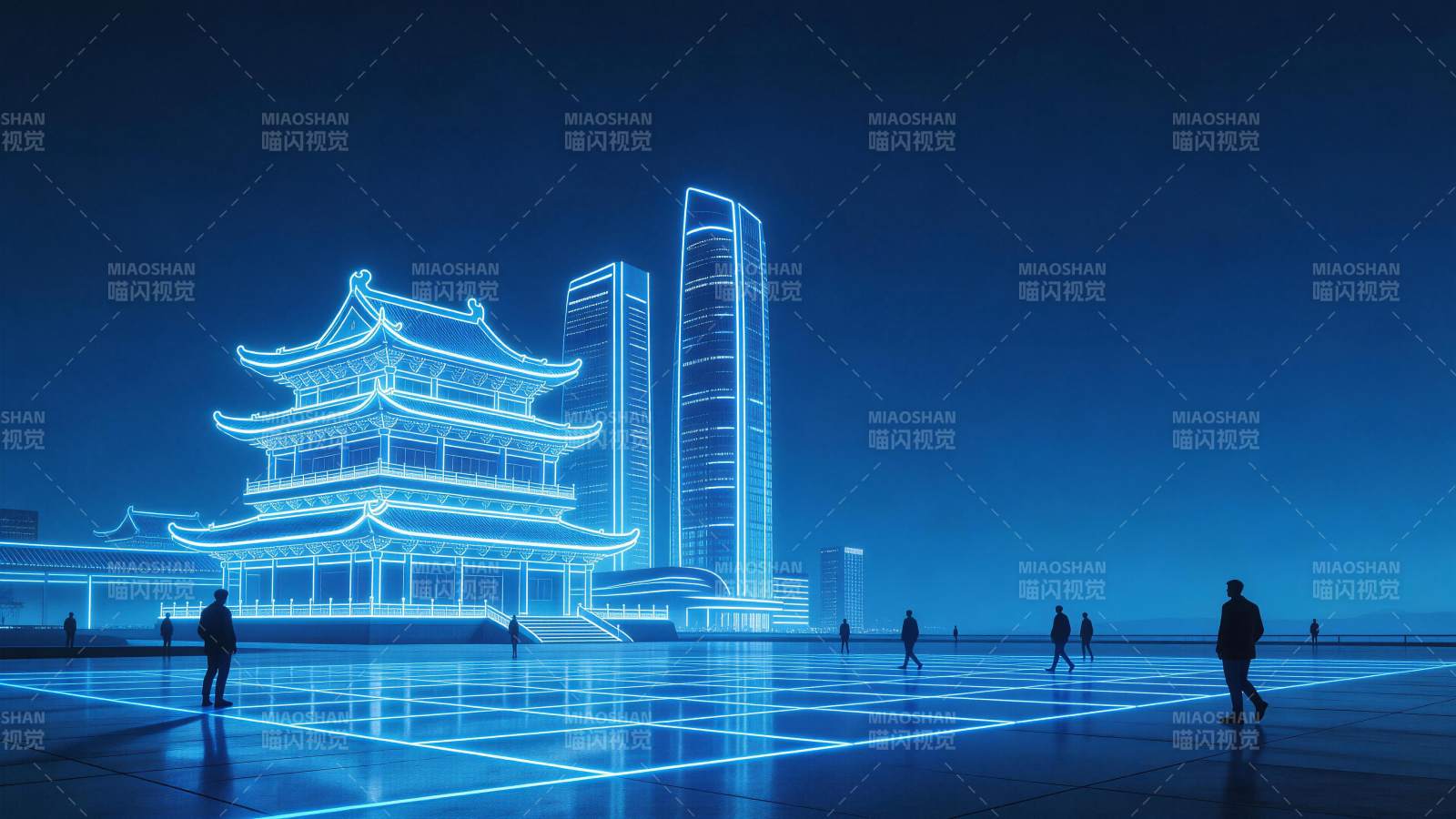 蓝色霓虹灯光下的传统楼阁与现代高楼群图片