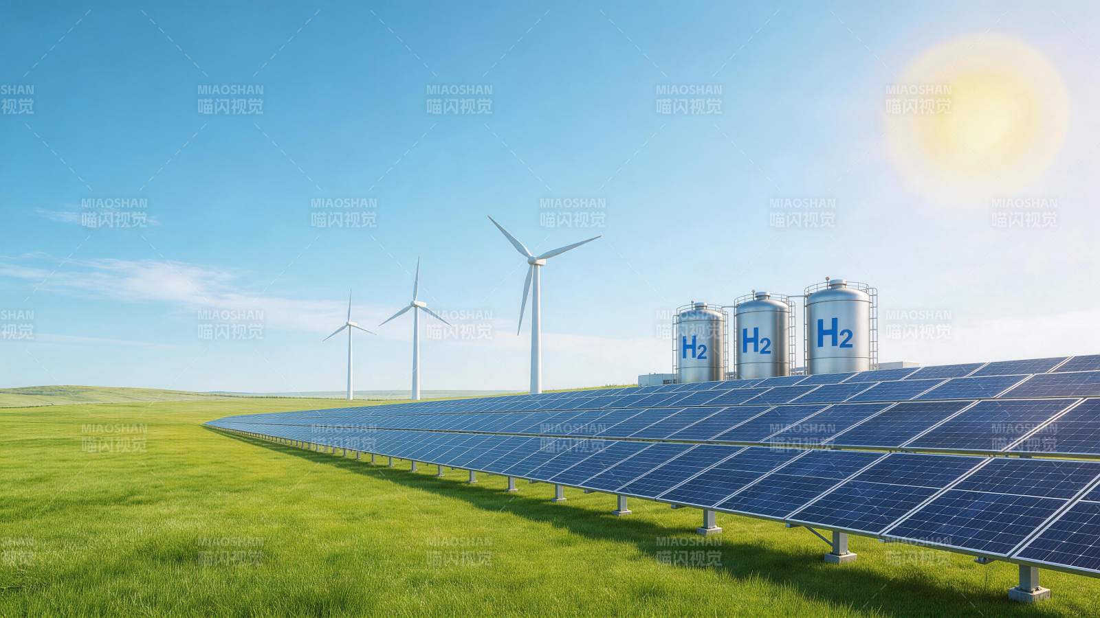 太阳能板风力发电机与氢气储罐清洁能源设施图片