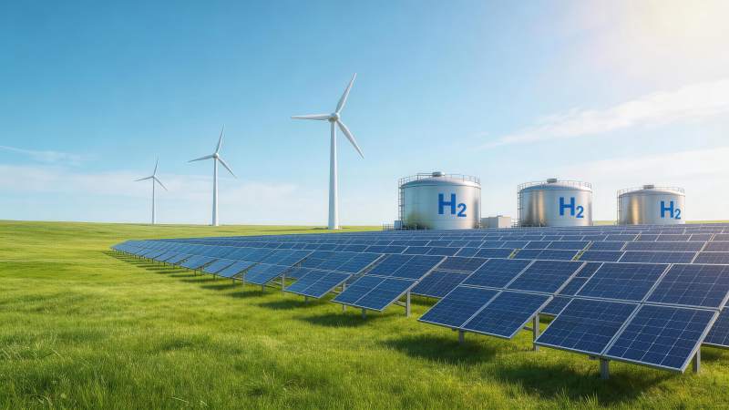 风力发电机与太阳能板氢气储罐清洁能源设施图片