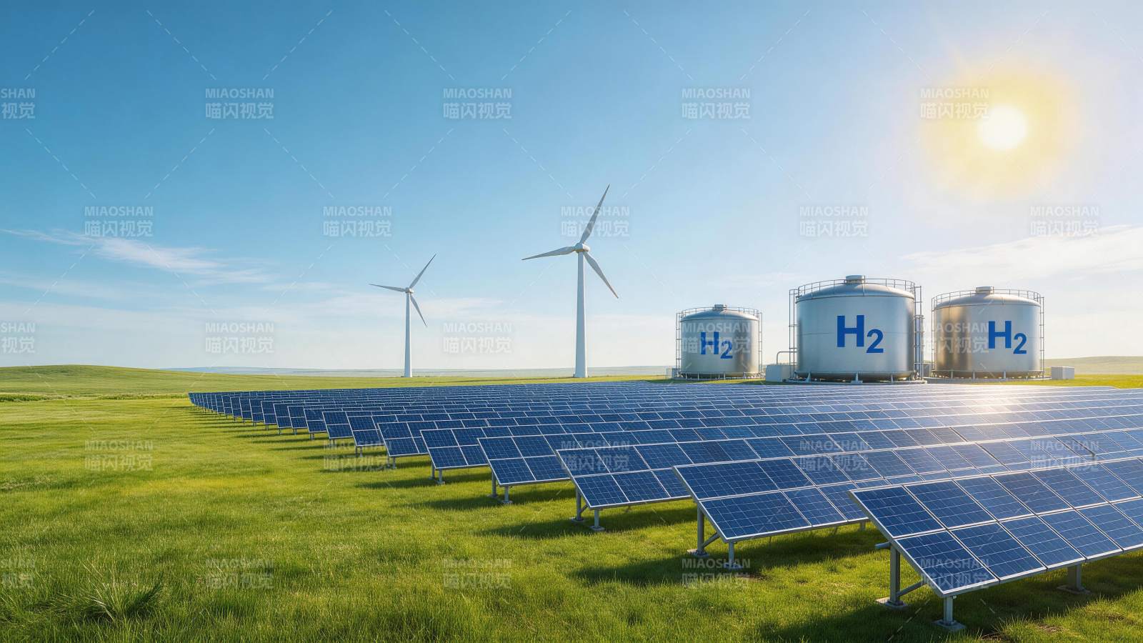 太阳能板风力发电机与氢气储罐能源设施图片