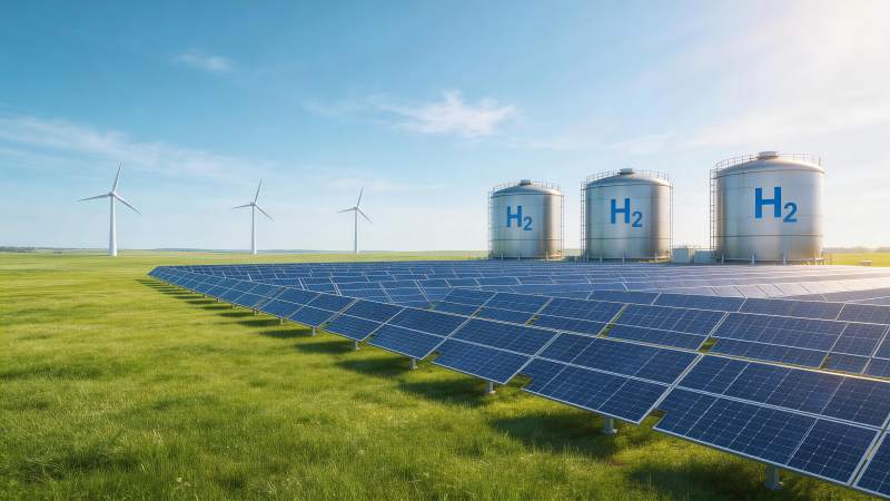 太阳能板风电场与氢气储罐能源设施图片