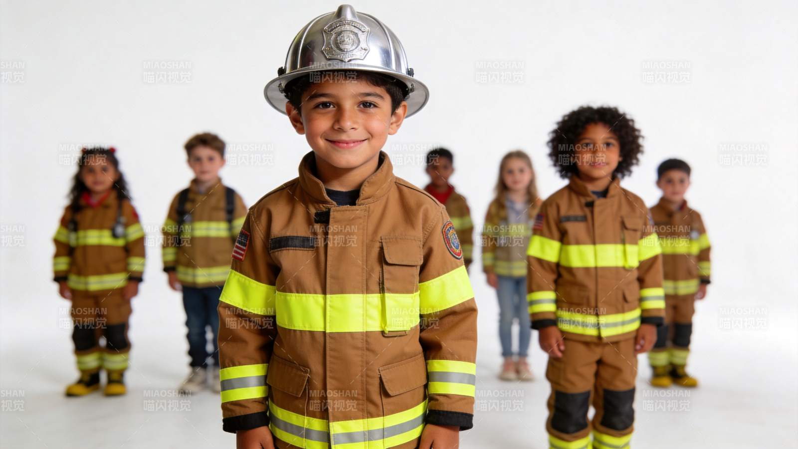 身穿消防服的儿童合影展示职业体验场景图片