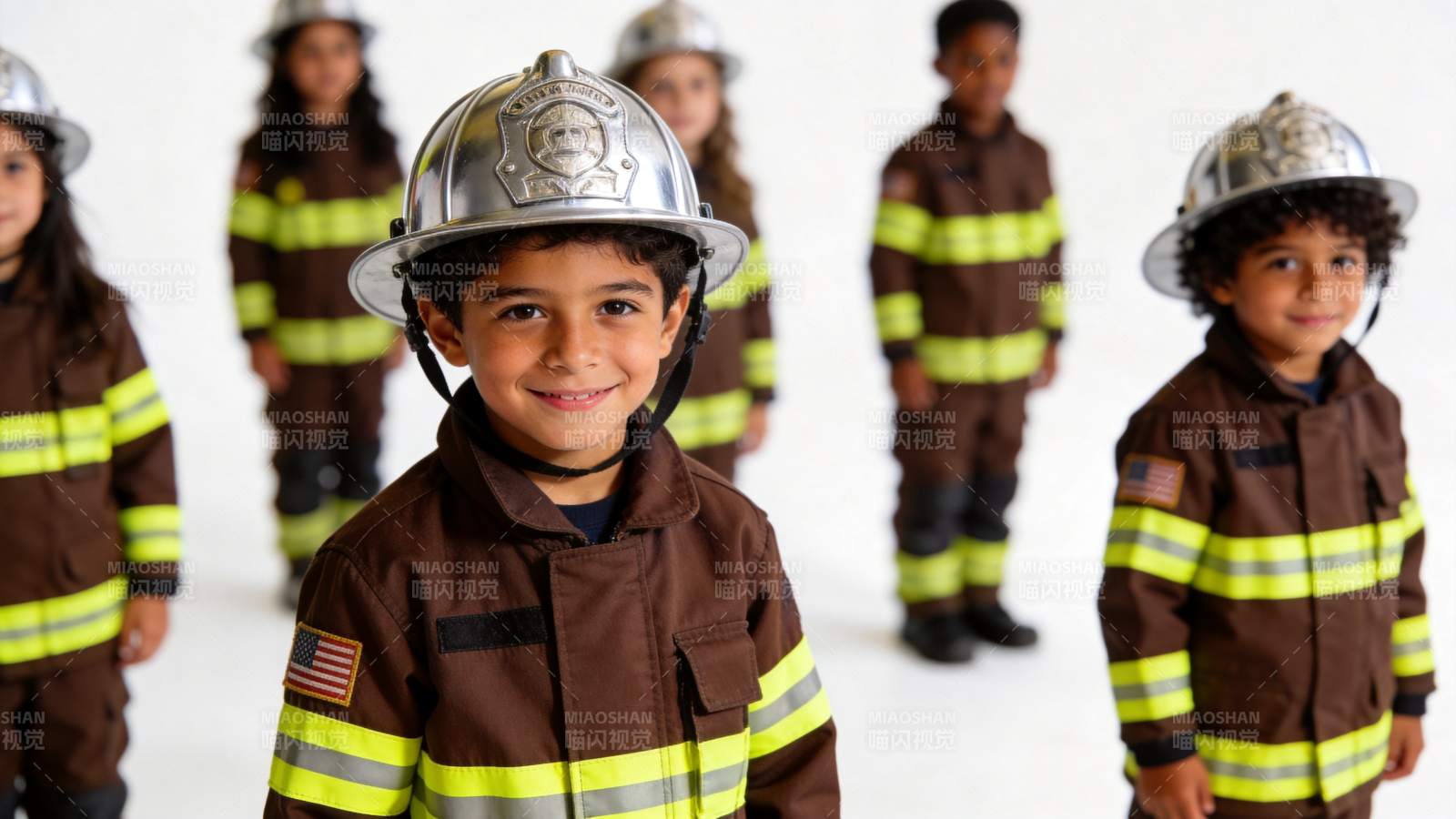 儿童穿着消防员制服戴头盔合影图片