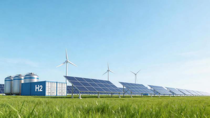 绿色草地上太阳能板风力发电机与储氢罐设施图片